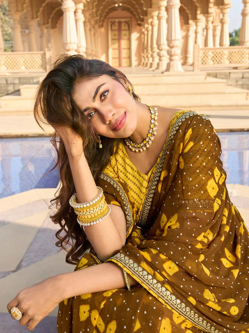 Laxmipati Brown Chiffon Floral Printed Saree