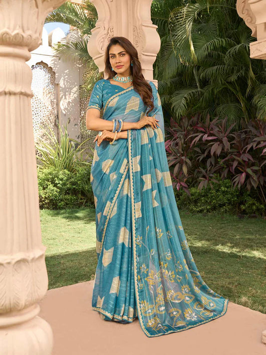 Laxmipati Blue Chiffon Floral Printed Saree