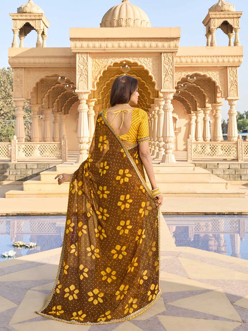 Laxmipati Brown Chiffon Floral Printed Saree