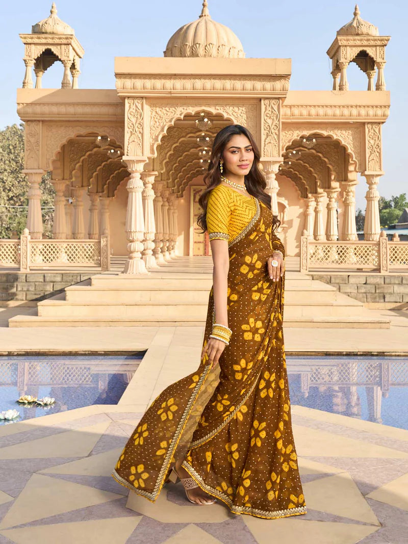 Laxmipati Brown Chiffon Floral Printed Saree