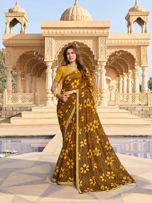 Laxmipati Brown Chiffon Floral Printed Saree