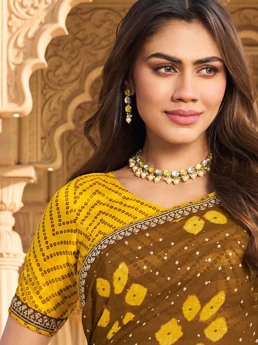 Laxmipati Brown Chiffon Floral Printed Saree