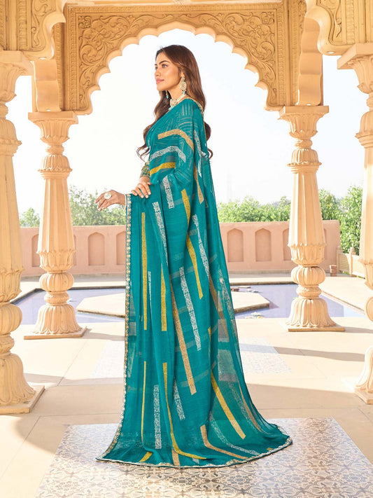 Laxmipati Teal Blue Chiffon Ethnic Printed Saree