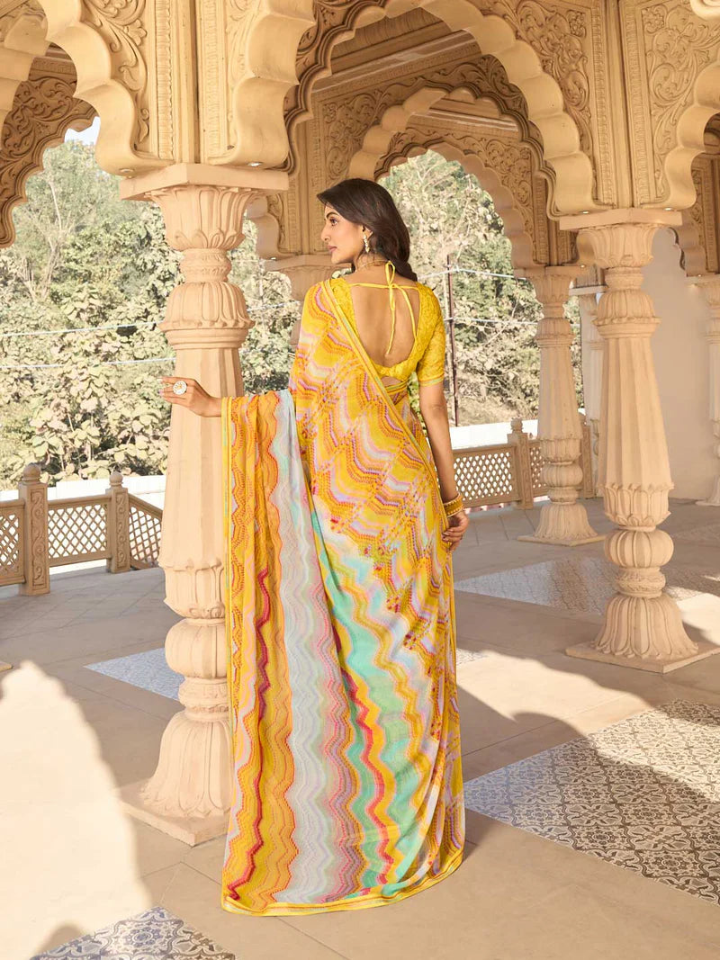 Laxmipati Yellow Georgette Chevron Printed Saree