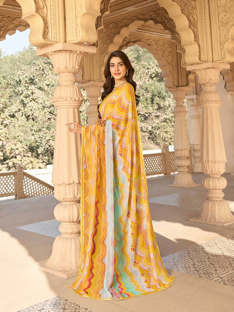 Laxmipati Yellow Georgette Chevron Printed Saree
