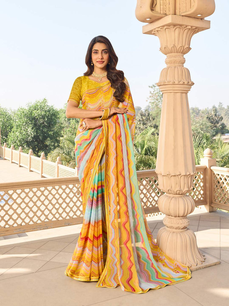 Laxmipati Yellow Georgette Chevron Printed Saree