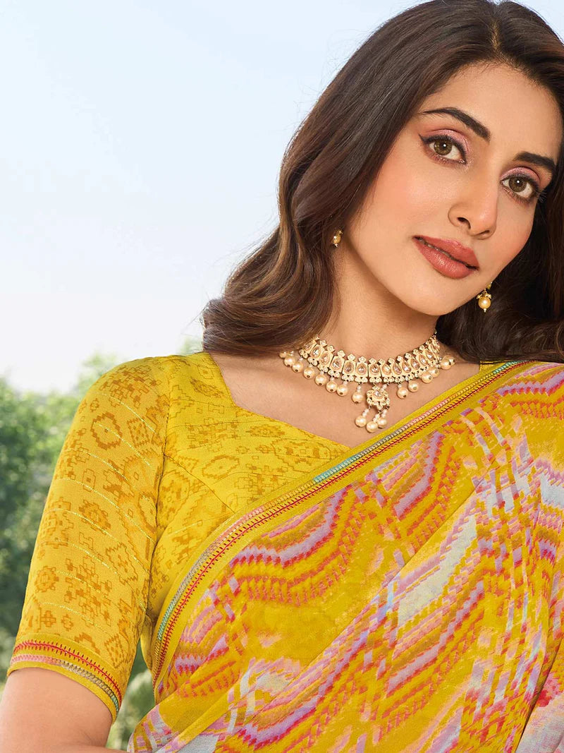 Laxmipati Yellow Georgette Chevron Printed Saree
