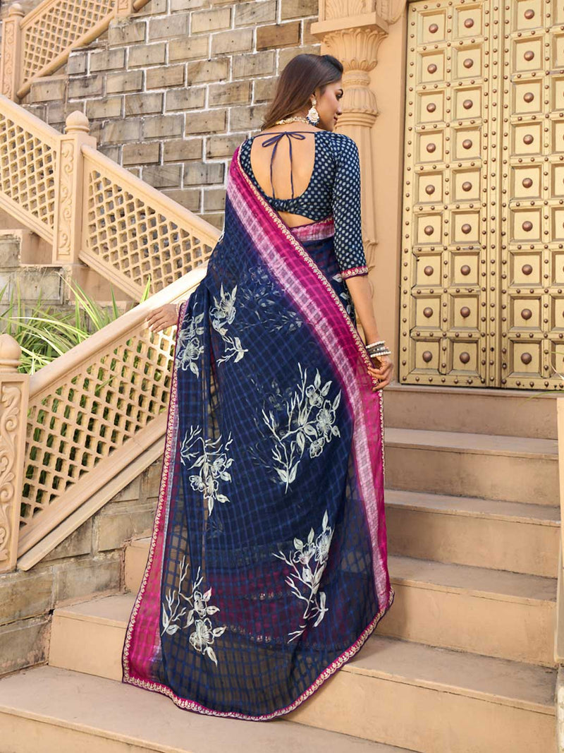 Laxmipati Blue Chiffon Floral Printed Saree
