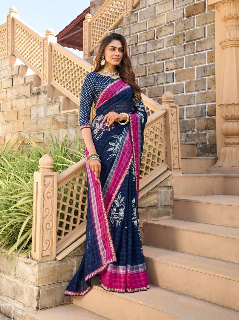 Laxmipati Blue Chiffon Floral Printed Saree
