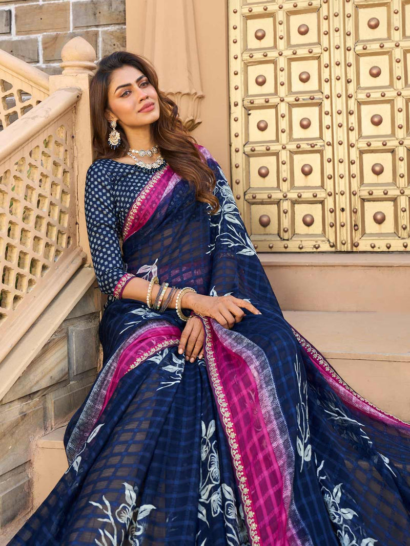 Laxmipati Blue Chiffon Floral Printed Saree