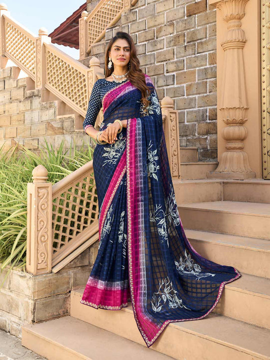 Laxmipati Blue Chiffon Floral Printed Saree