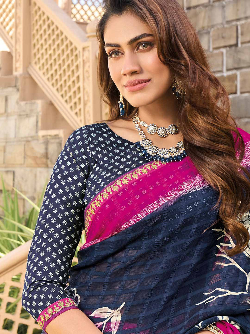 Laxmipati Blue Chiffon Floral Printed Saree