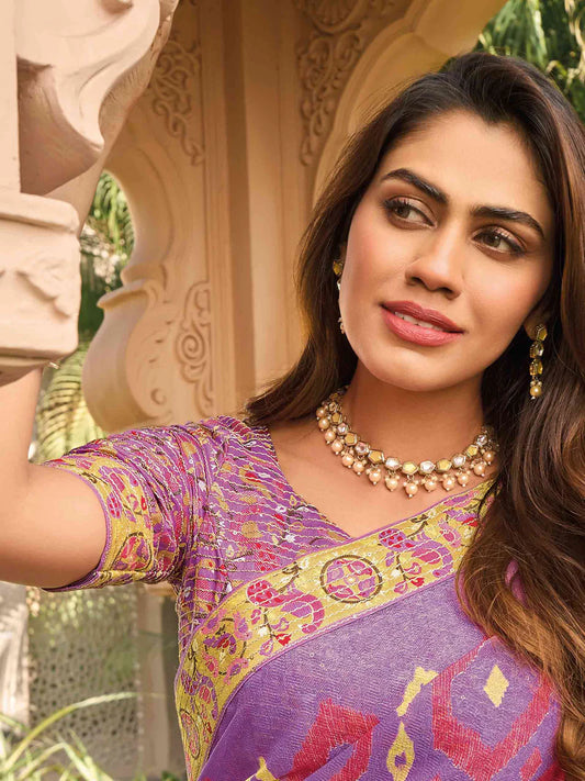 Laxmipati Purple Silk Blend Ikkat Printed Saree