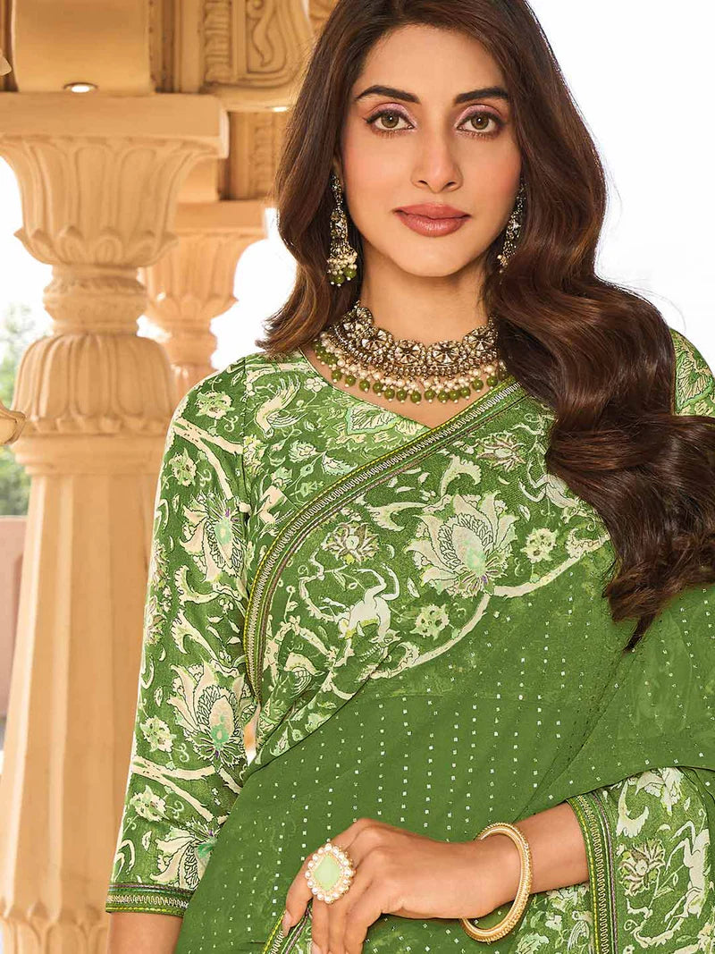 Laxmipati Green Georgette Floral Printed Saree
