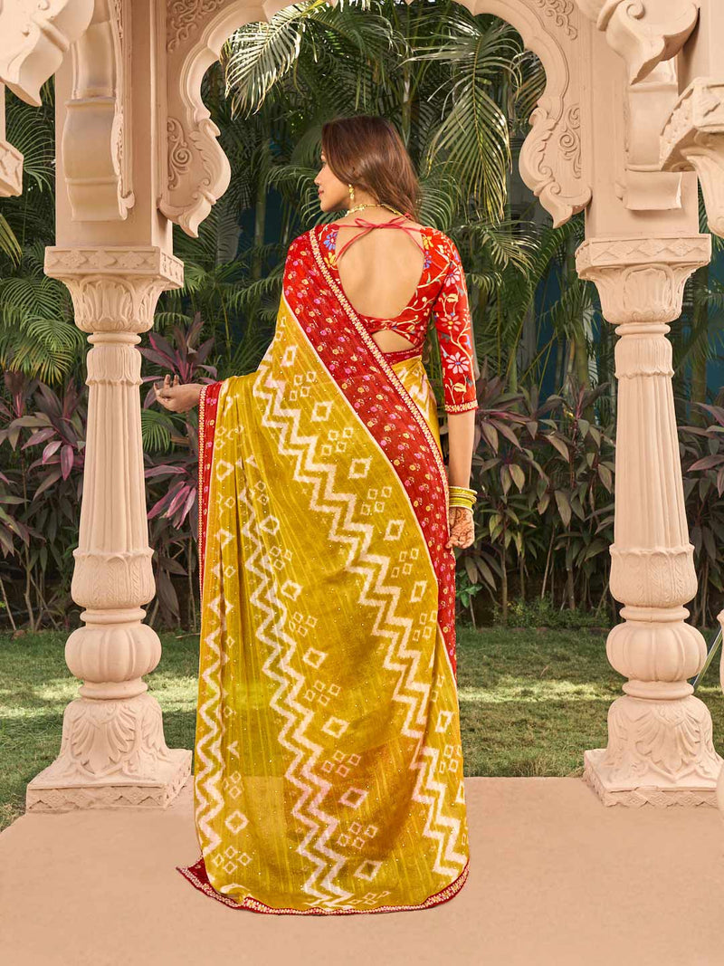 Laxmipati Nakhrali Mustard Chiffon Chevron Printed Saree