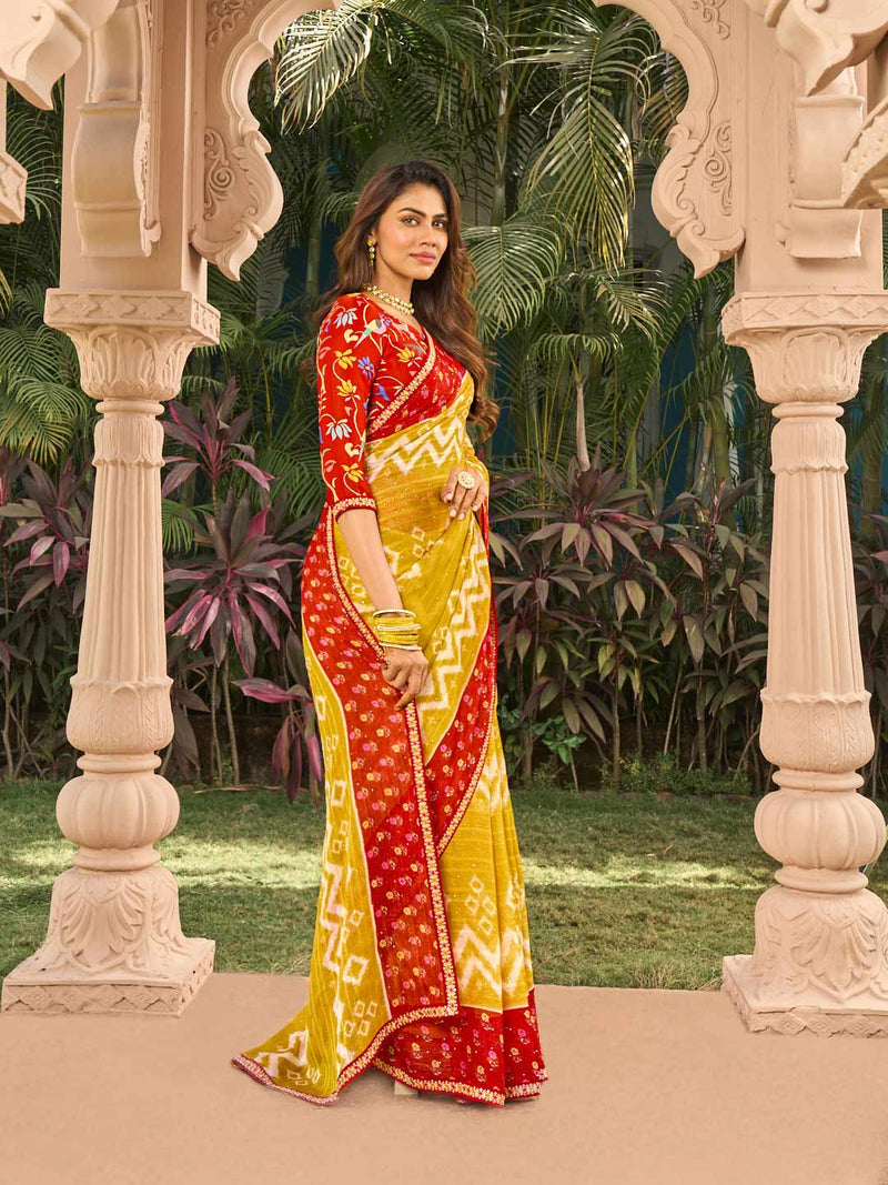 Laxmipati Nakhrali Mustard Chiffon Chevron Printed Saree
