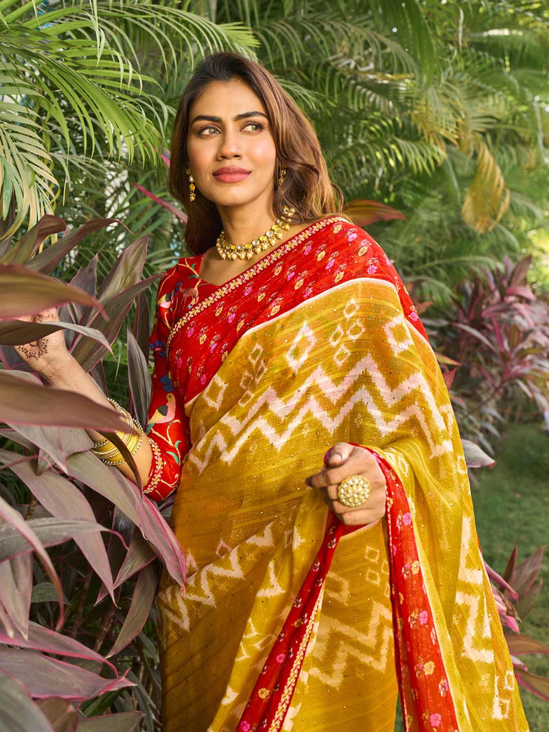 Laxmipati Nakhrali Mustard Chiffon Chevron Printed Saree