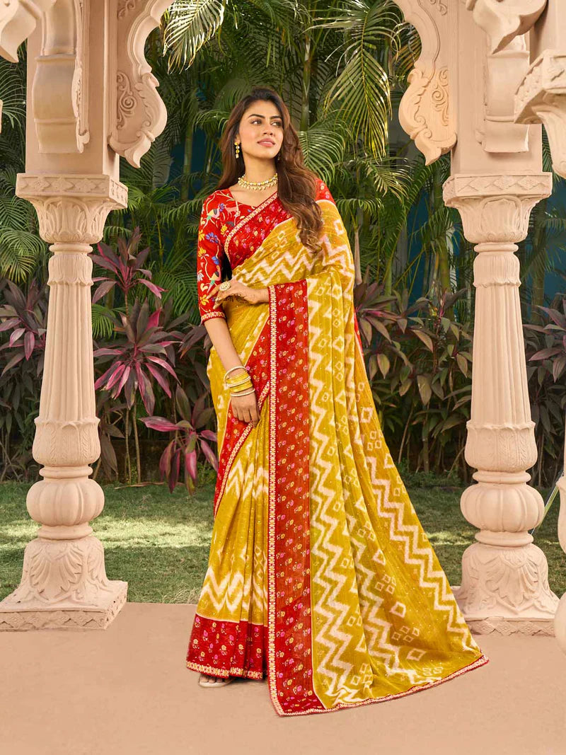 Laxmipati Nakhrali Mustard Chiffon Chevron Printed Saree
