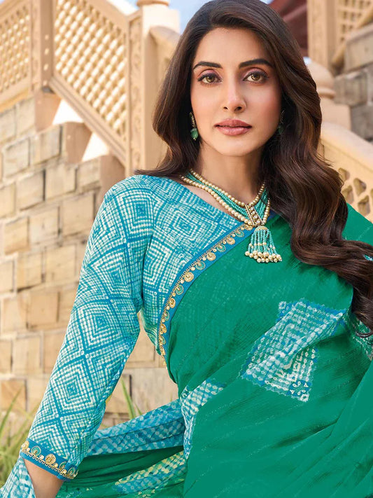 Laxmipati Teal Green Chiffon Geometric Printed Saree