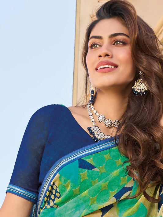 Laxmipati Teal Blue Georgette Geometric Printed Saree