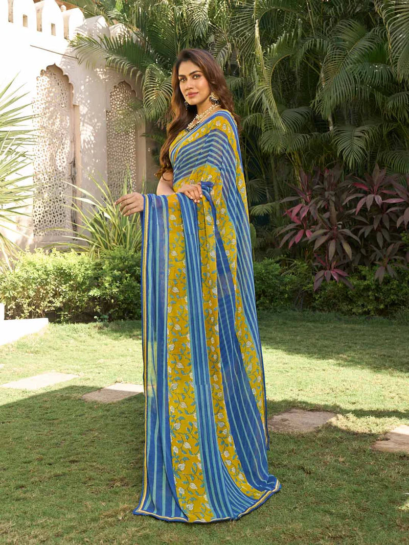 Laxmipati Navy Blue Georgette Floral Printed Saree