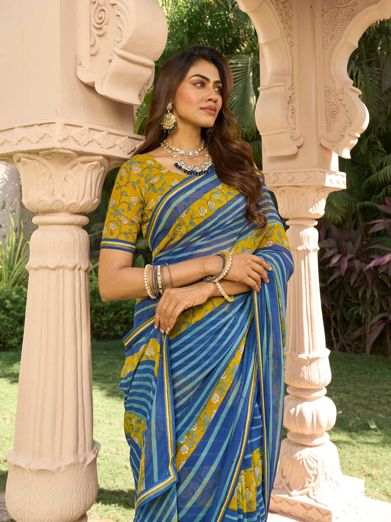 Laxmipati Navy Blue Georgette Floral Printed Saree