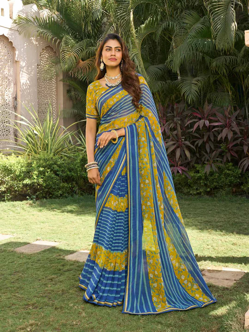 Laxmipati Navy Blue Georgette Floral Printed Saree