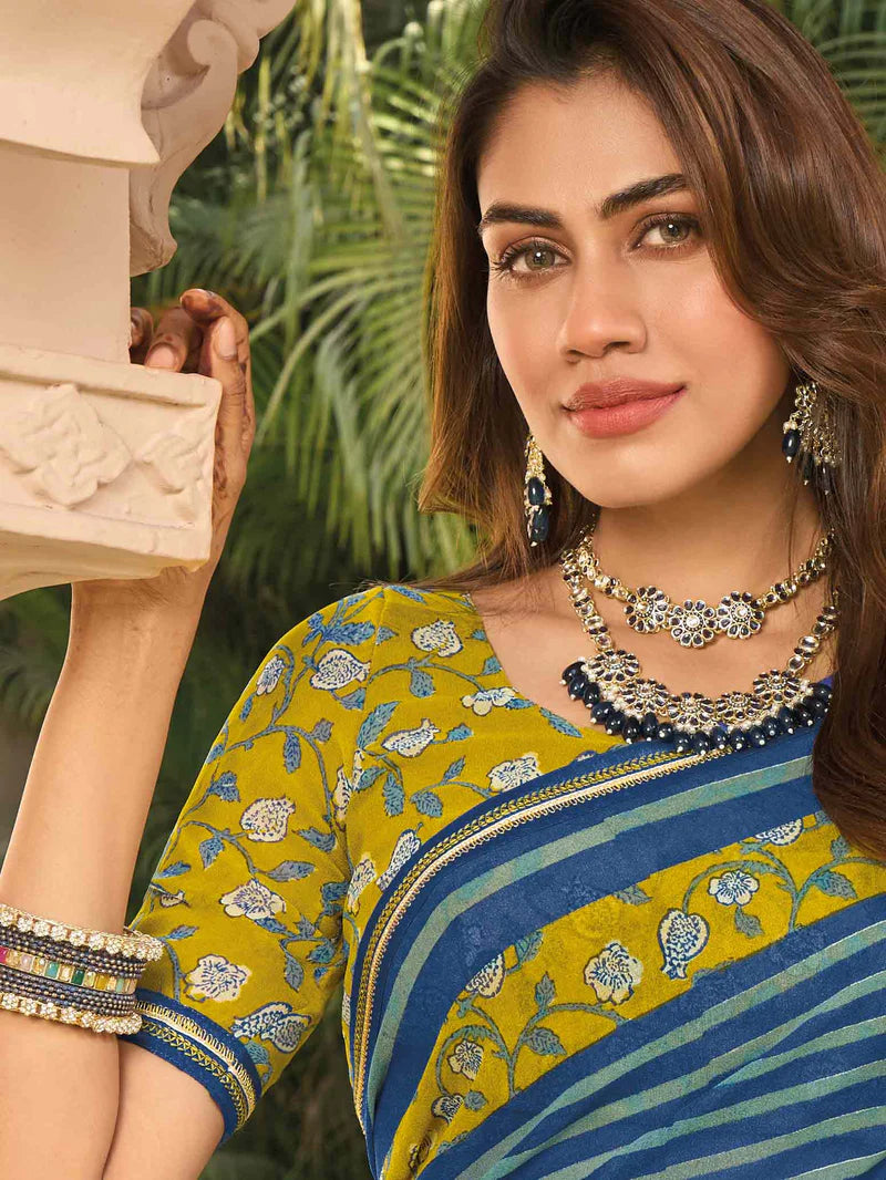 Laxmipati Navy Blue Georgette Floral Printed Saree