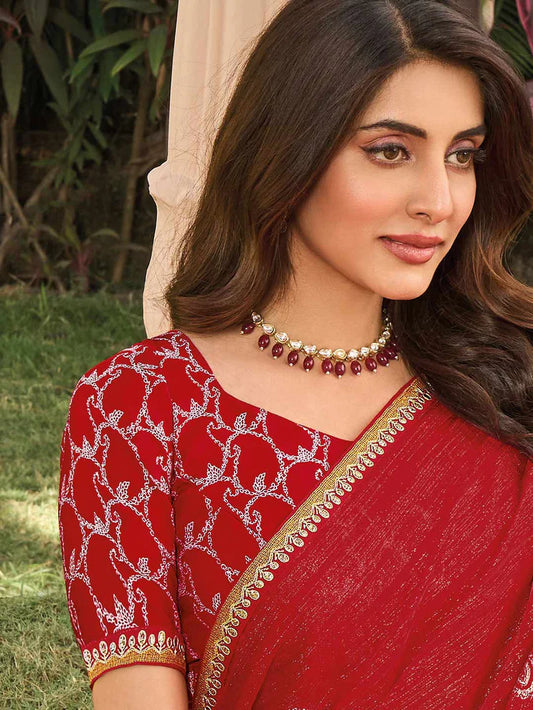 Laxmipati Red Silk Blend Ethnic Printed Saree