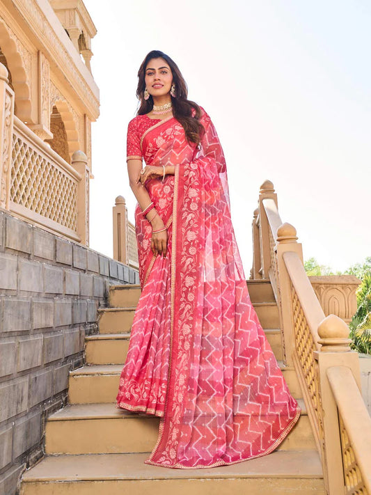 Laxmipati Pink Chiffon Geometric Printed Saree