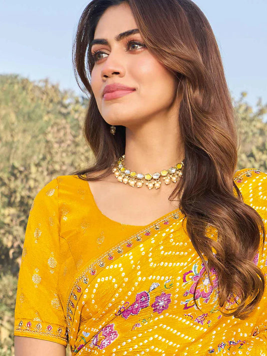 Laxmipati Yellow Chiffon Floral Printed Saree