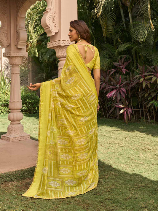 Laxmipat Lime Yellow Floral Printed Saree