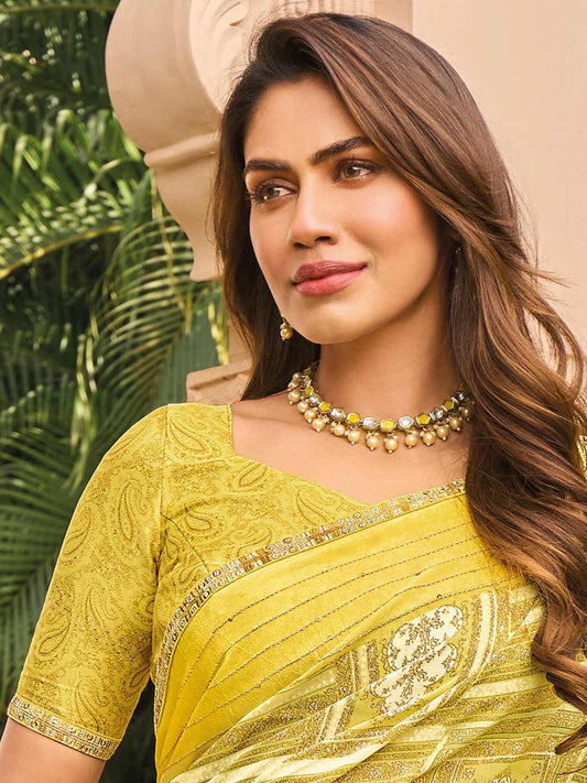 Laxmipat Lime Yellow Floral Printed Saree