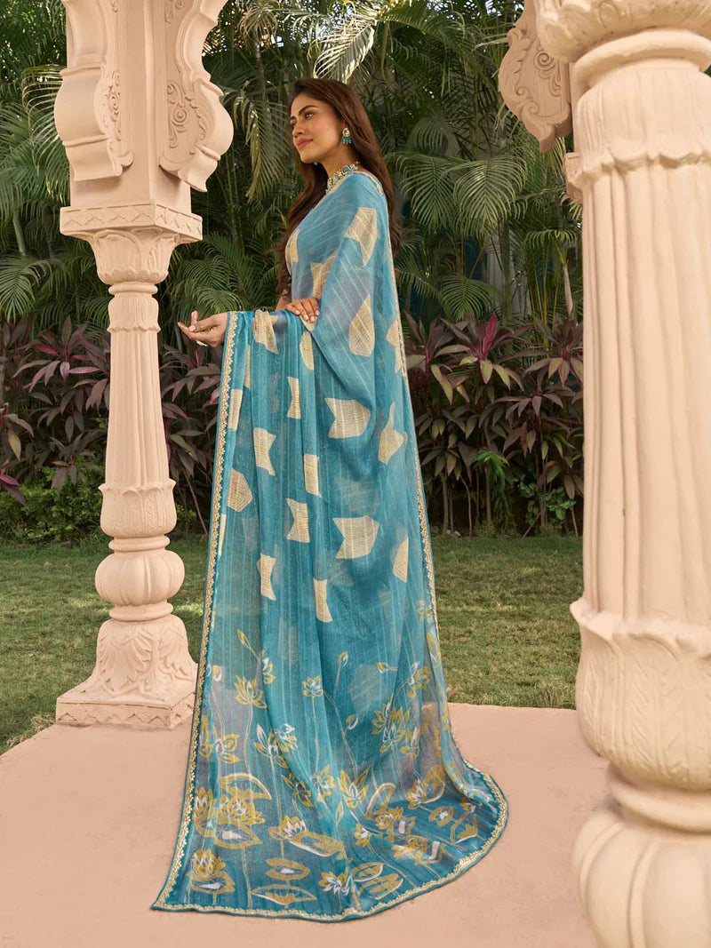 Laxmipati Blue Chiffon Floral Printed Saree