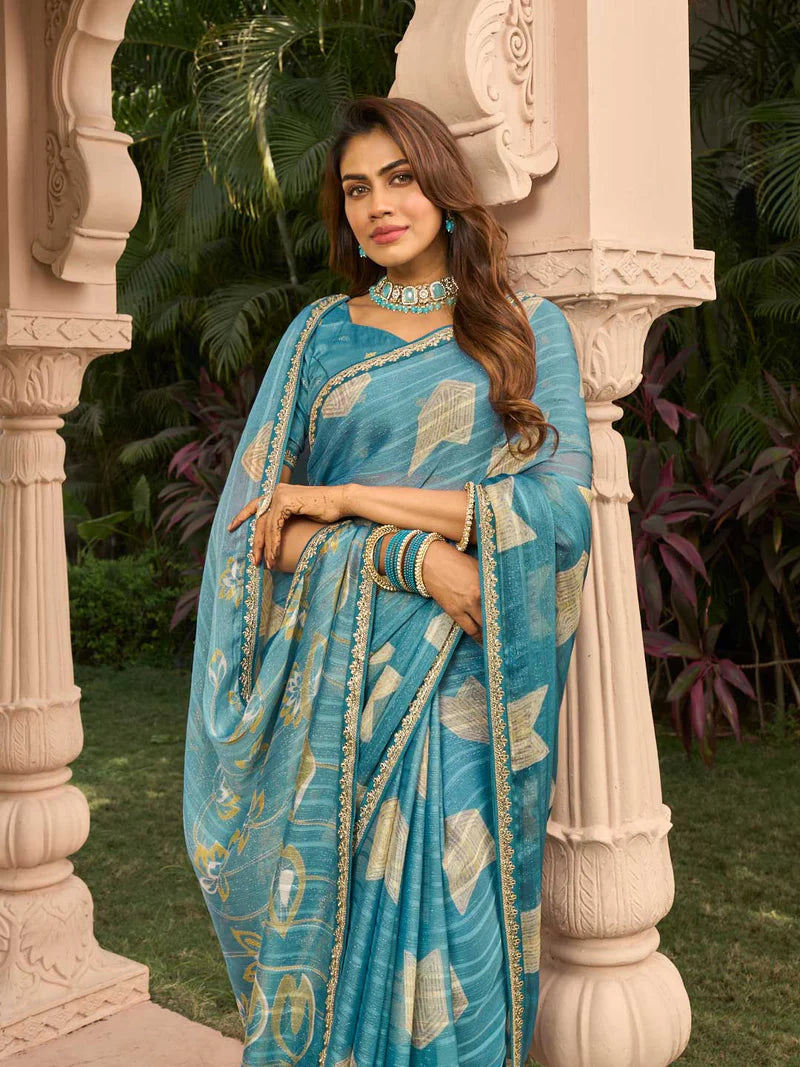 Laxmipati Blue Chiffon Floral Printed Saree