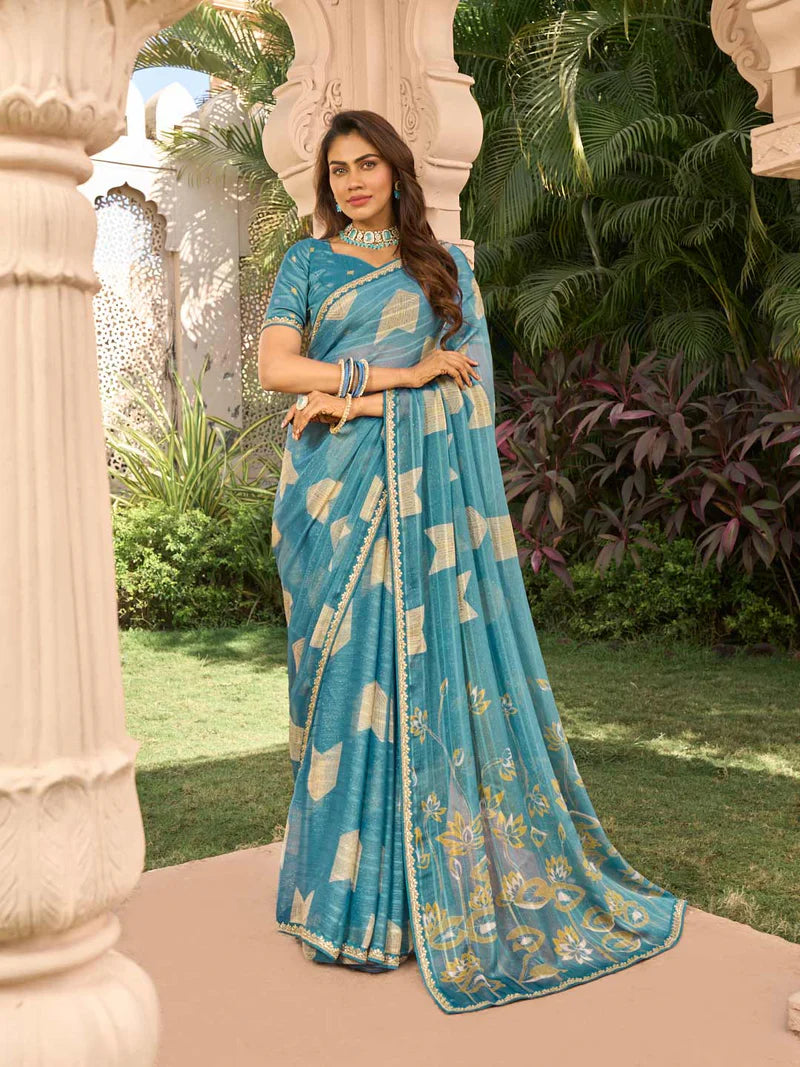 Laxmipati Blue Chiffon Floral Printed Saree