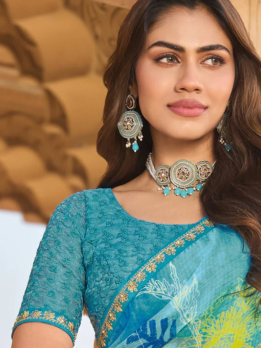 Laxmipati Blue Chiffon Floral Printed Saree