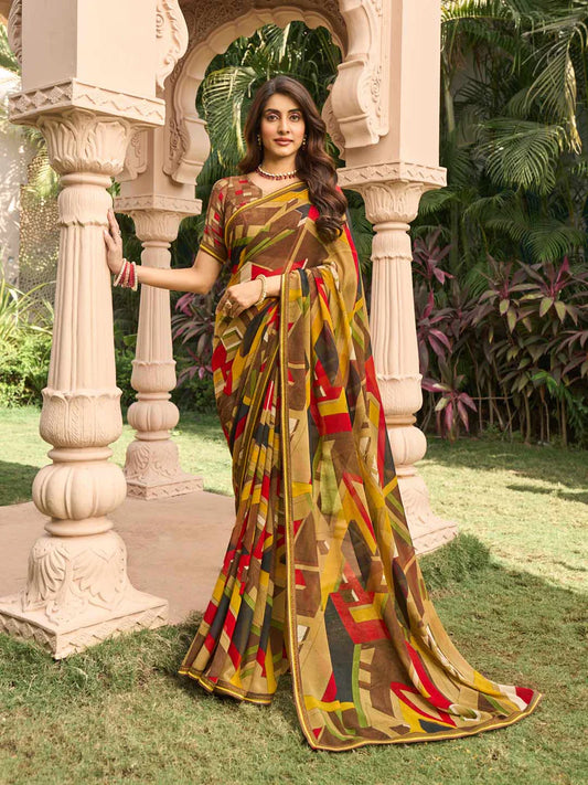Laxmipati Brown Georgette Geometric Printed Saree