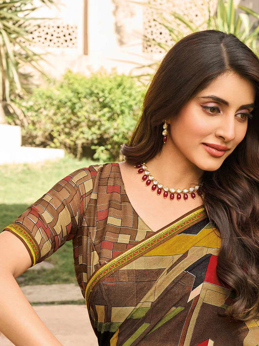 Laxmipati Brown Georgette Geometric Printed Saree